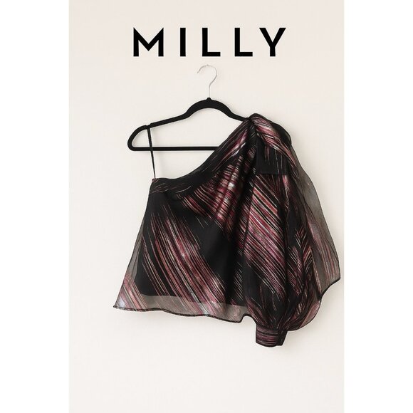 Milly One Shoulder Metallic Silk Chiffon Blouse Top Black Sheer Stripe Size 2 - Picture 1 of 11